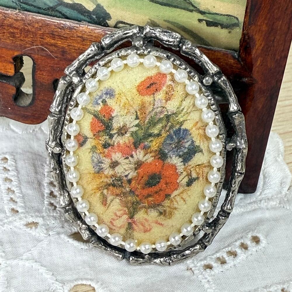 Vintage Floral Bouquet Oval Brooch Victorian Cottage Prairie Romantic Coquette